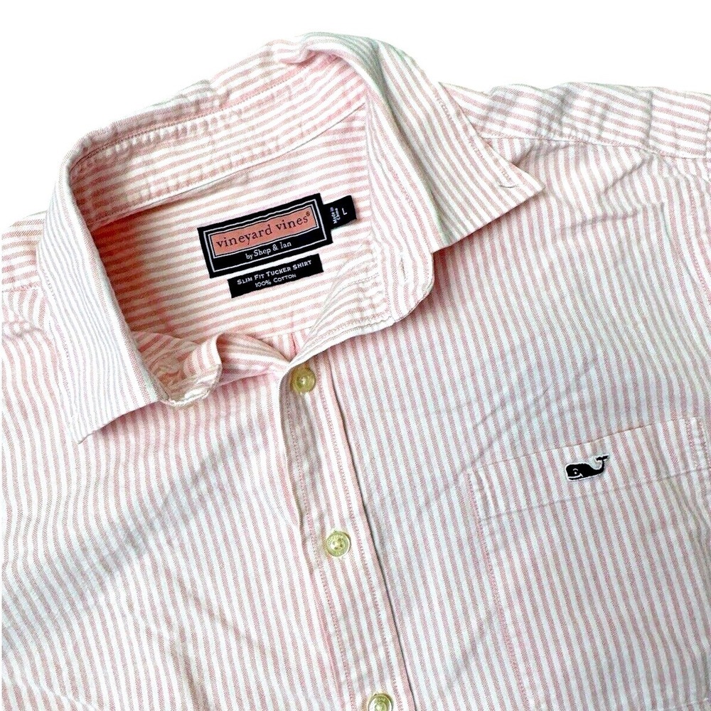 Vineyard Vines Slim Fit Tucker Shirt Large Pink and White Striped Long Sleeve